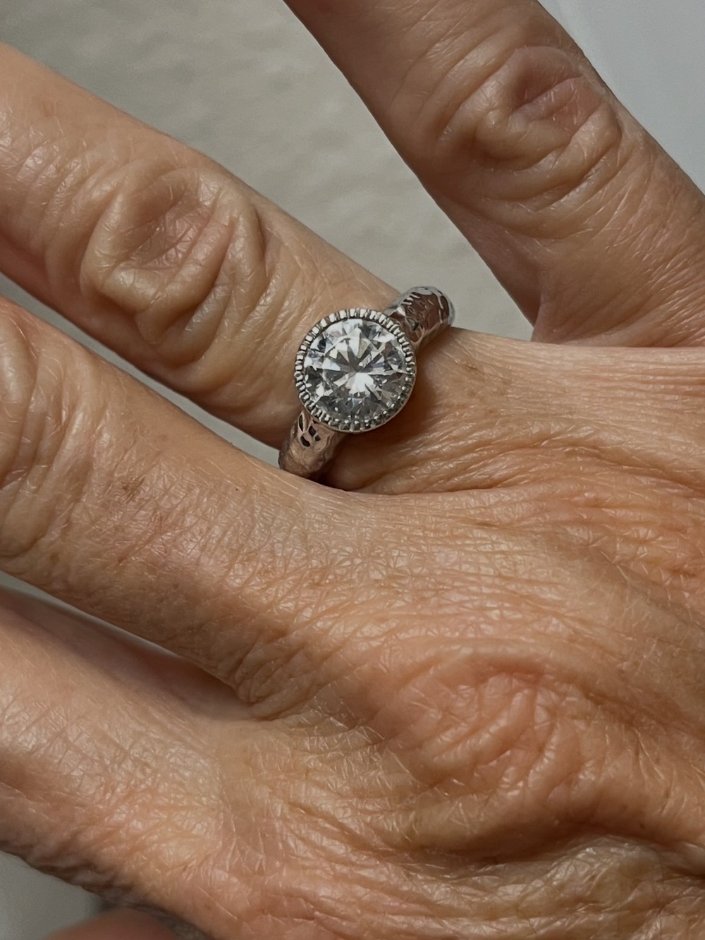 White Hammered Ring with Round CZ